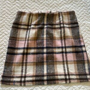 Plaid Wool Blend Skirt - Pink and Brown